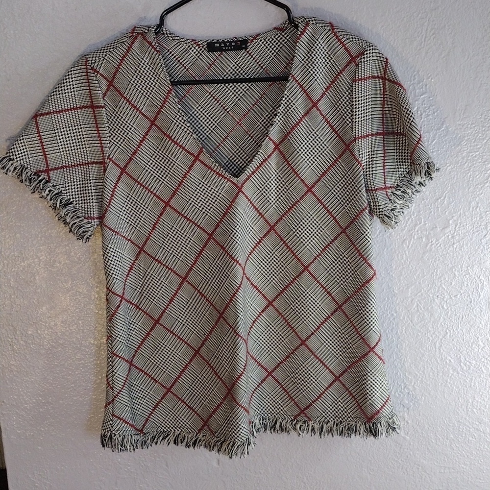 Maven West Short Sleeve Houndstooth Fringe Top M